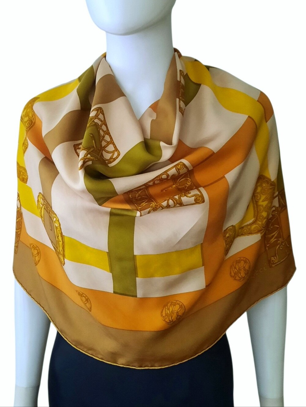 Vintage NINA RICCI Belts/Buckles Print Square Silk Scarf 35" Rust/Copper/Multi